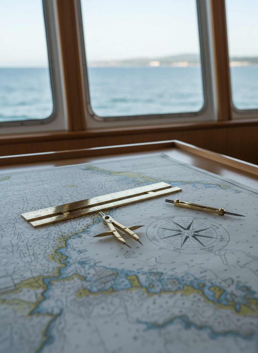 A polished nautical chart spread flat on a light oak chart table inside a ship’s wheelhouse, the paper richly textured with contour lines, depth soundings, and detailed coastline features. High-quality brass parallel rulers, a dividers set with sharp steel tips, and a traditional magnetic compass rose printed on the chart are all arranged in a deliberate, organized layout. Through the side windows, a softly blurred horizon hints at open sea. Cool, diffused daylight enters from the left, creating gentle highlights on the brass instruments and subtle shadows across the chart. Photographic realism with a clean, professional aesthetic, shot from a slightly elevated angle with moderate depth of field, emphasizing precision coastal navigation planning.